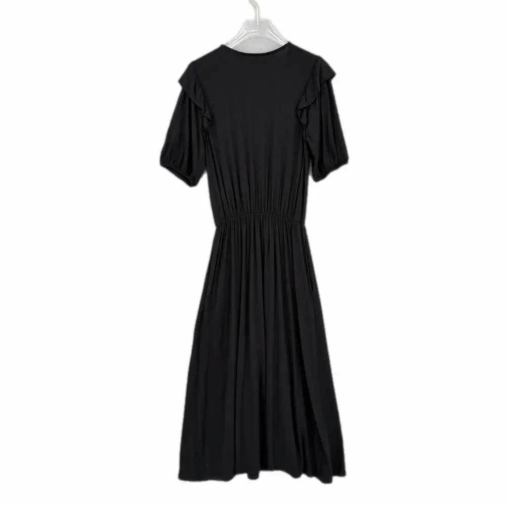 Boden 6 Black Ruffle Jersey Midi Basic Casual Minimalist Boho Office Work Dress